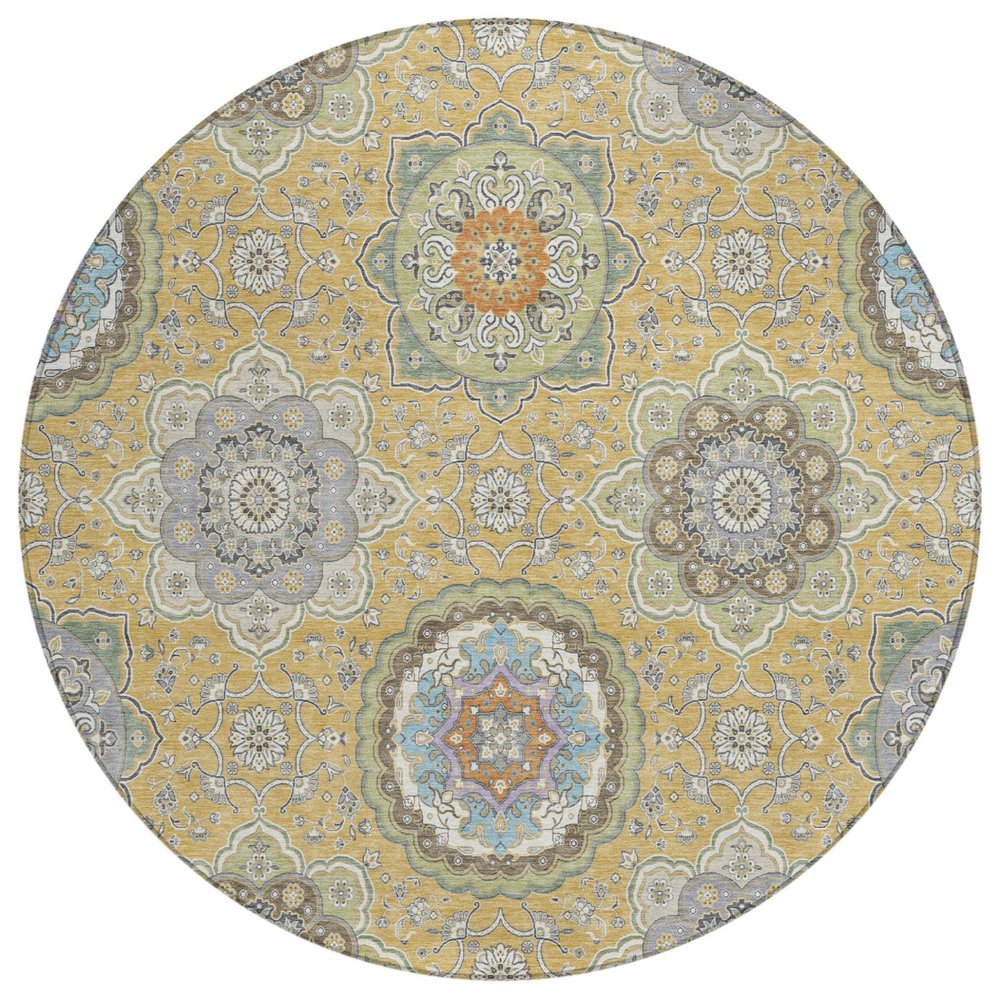 8' Gold And Ivory Round Floral Medallion Washable Indoor Outdoor Area Rug HomeRoots