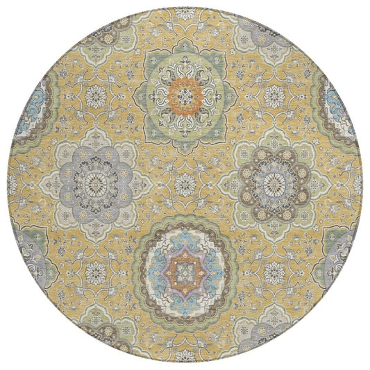 8' Gold And Ivory Round Floral Medallion Washable Indoor Outdoor Area Rug HomeRoots