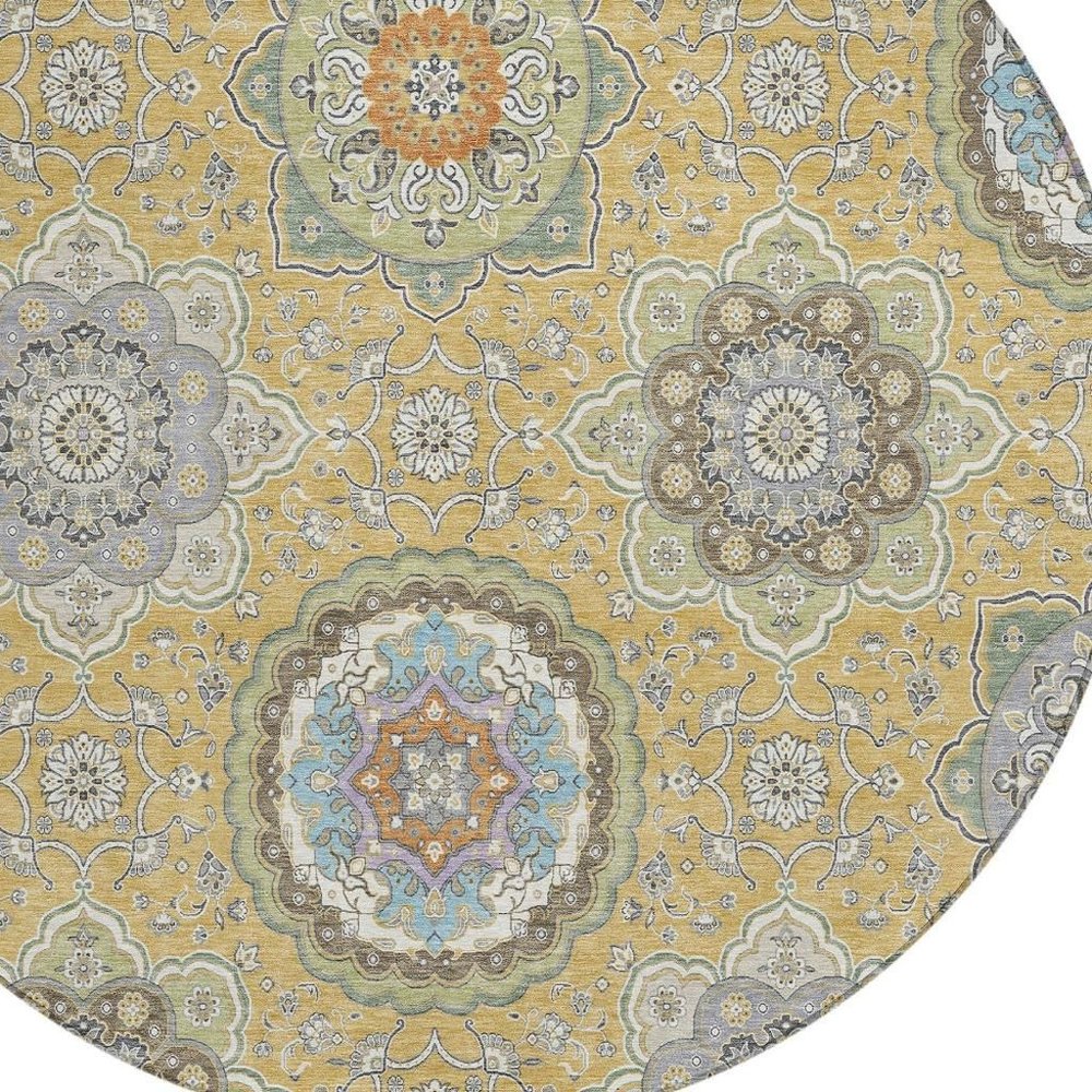 8' Gold And Ivory Round Floral Medallion Washable Indoor Outdoor Area Rug HomeRoots