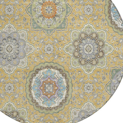 8' Gold And Ivory Round Floral Medallion Washable Indoor Outdoor Area Rug HomeRoots
