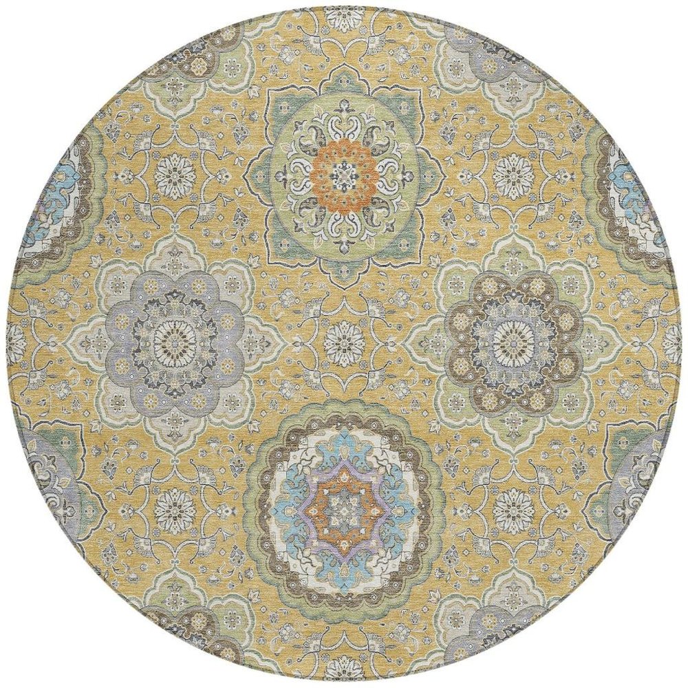 8' Gold And Ivory Round Floral Medallion Washable Indoor Outdoor Area Rug HomeRoots