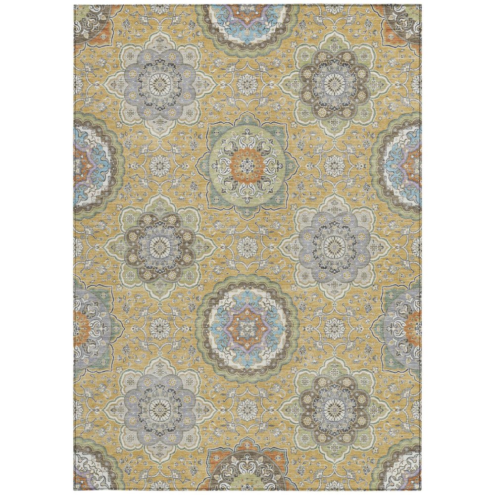 8' X 10' Gold And Ivory Floral Medallion Washable Indoor Outdoor Area Rug HomeRoots