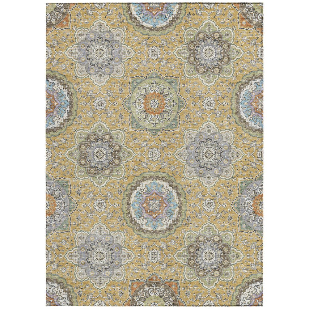 8' X 10' Gold And Ivory Floral Medallion Washable Indoor Outdoor Area Rug HomeRoots