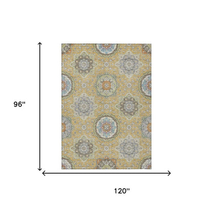 8' X 10' Gold And Ivory Floral Medallion Washable Indoor Outdoor Area Rug HomeRoots