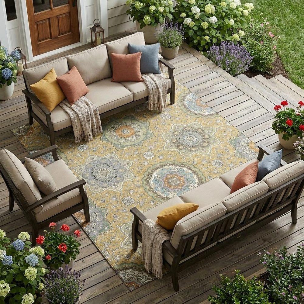 8' X 10' Gold And Ivory Floral Medallion Washable Indoor Outdoor Area Rug HomeRoots