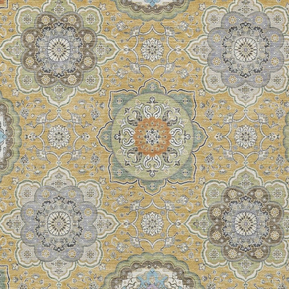 9' X 12' Gold And Ivory Floral Medallion Washable Indoor Outdoor Area Rug HomeRoots
