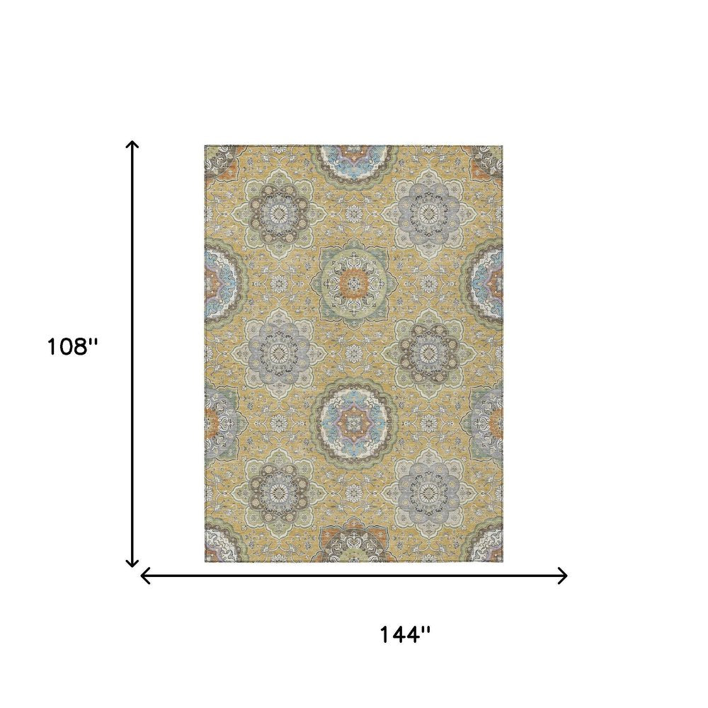 9' X 12' Gold And Ivory Floral Medallion Washable Indoor Outdoor Area Rug HomeRoots