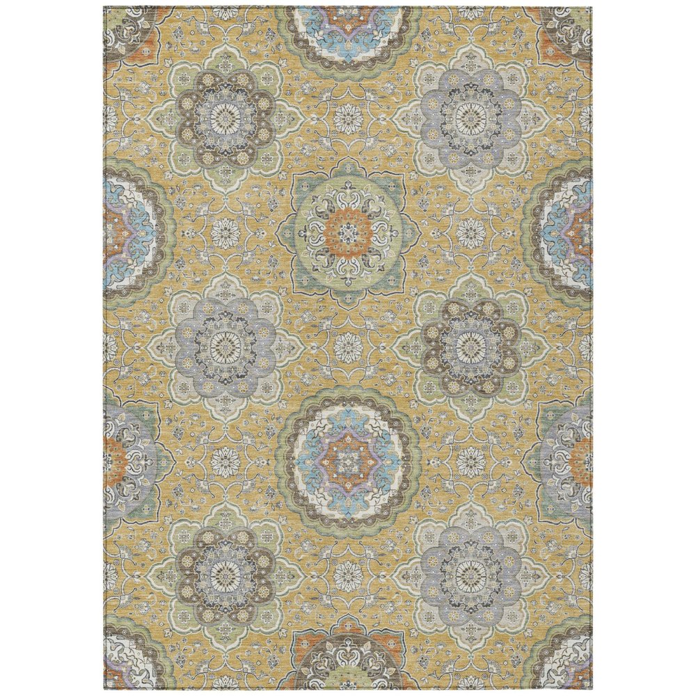 9' X 12' Gold And Ivory Floral Medallion Washable Indoor Outdoor Area Rug HomeRoots