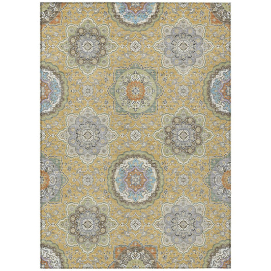 9' X 12' Gold And Ivory Floral Medallion Washable Indoor Outdoor Area Rug HomeRoots