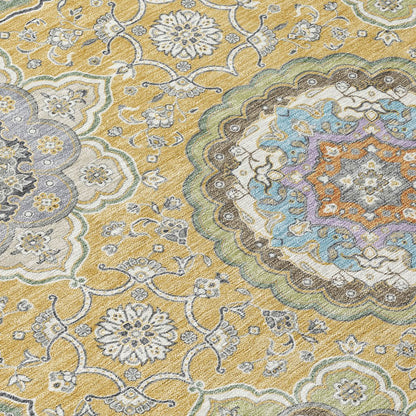 9' X 12' Gold And Ivory Floral Medallion Washable Indoor Outdoor Area Rug HomeRoots