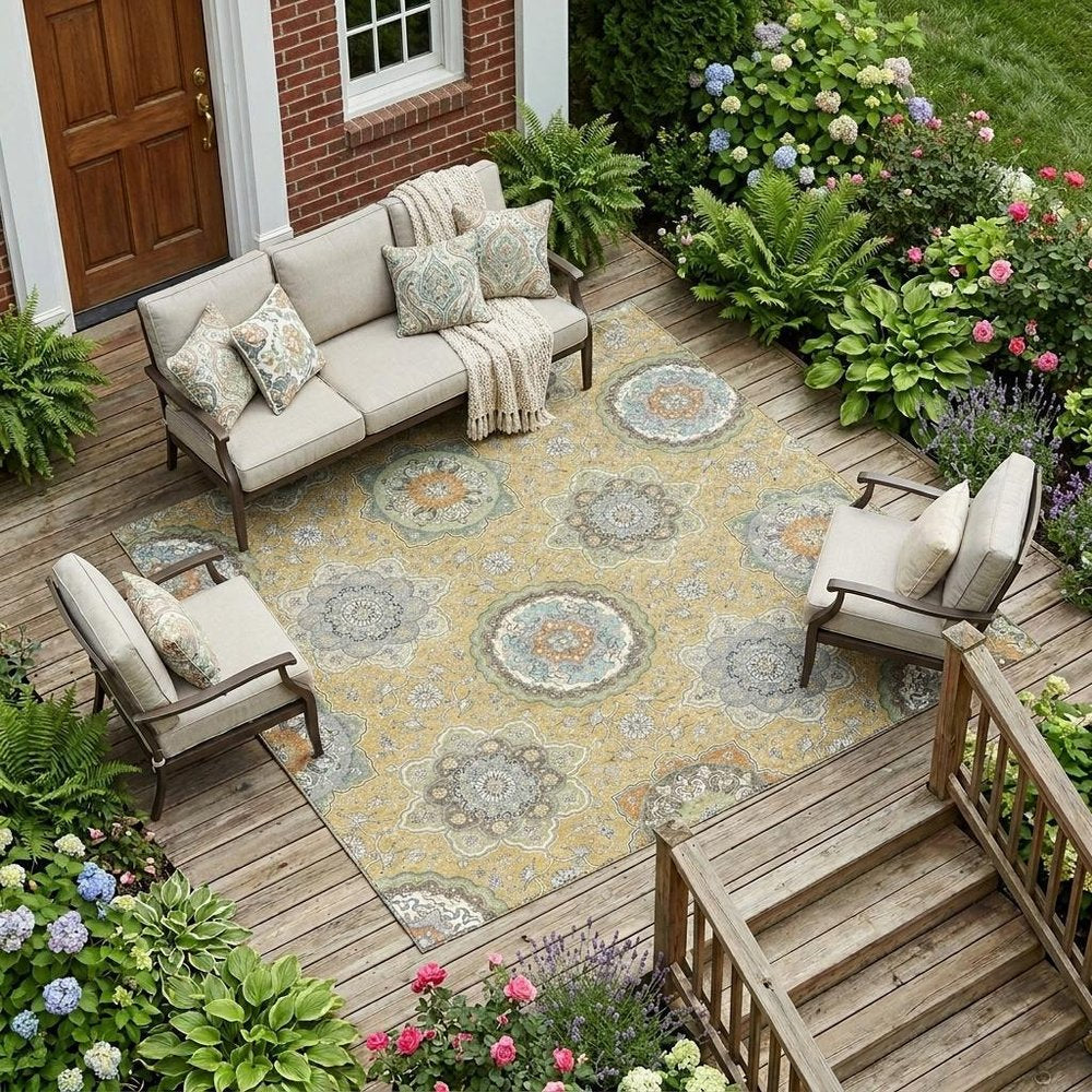 9' X 12' Gold And Ivory Floral Medallion Washable Indoor Outdoor Area Rug HomeRoots