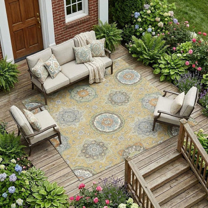 9' X 12' Gold And Ivory Floral Medallion Washable Indoor Outdoor Area Rug HomeRoots