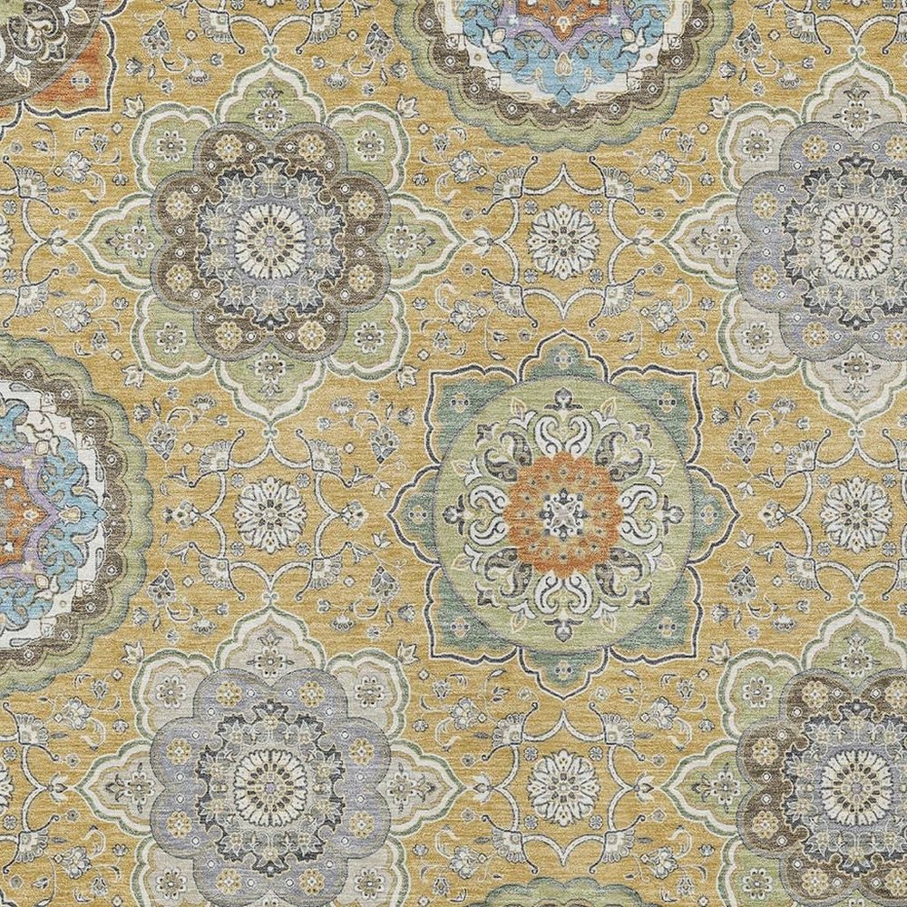 10' X 14' Gold And Ivory Floral Medallion Washable Indoor Outdoor Area Rug HomeRoots