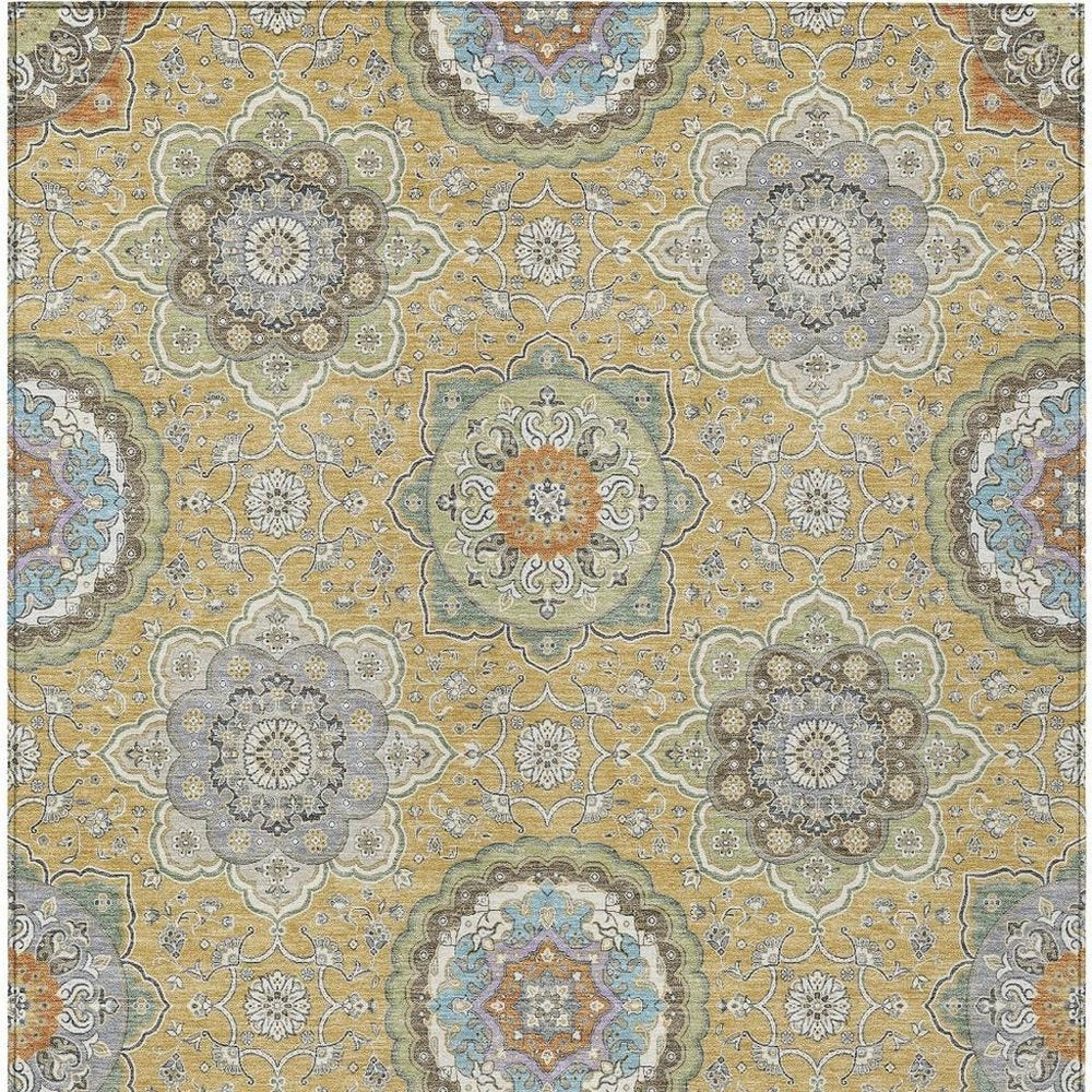 10' X 14' Gold And Ivory Floral Medallion Washable Indoor Outdoor Area Rug HomeRoots
