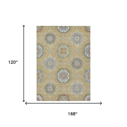 10' X 14' Gold And Ivory Floral Medallion Washable Indoor Outdoor Area Rug HomeRoots