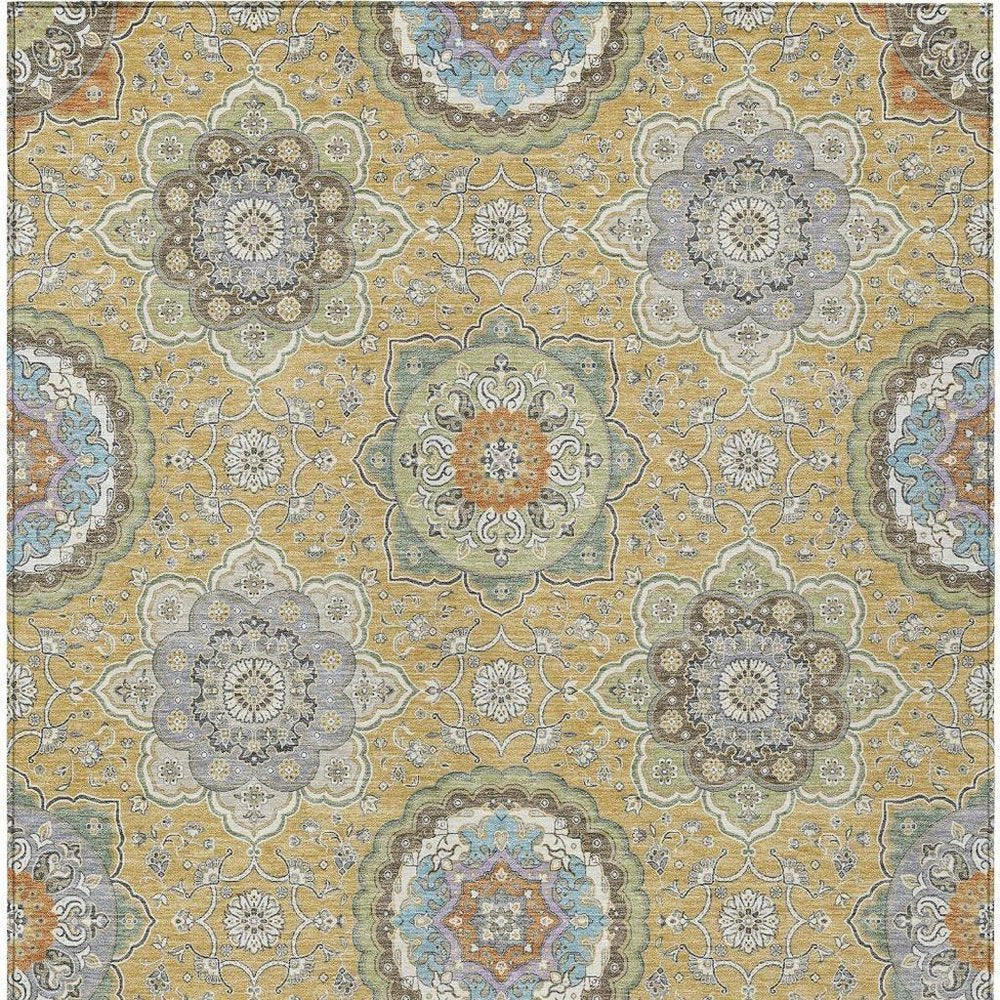 10' X 14' Gold And Ivory Floral Medallion Washable Indoor Outdoor Area Rug HomeRoots