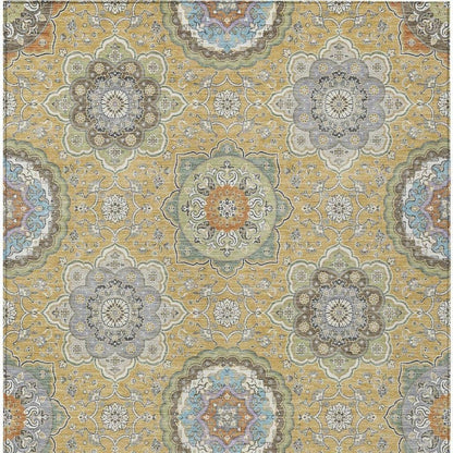 10' X 14' Gold And Ivory Floral Medallion Washable Indoor Outdoor Area Rug HomeRoots