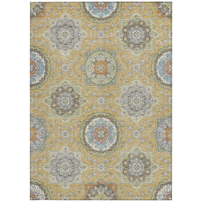 10' X 14' Gold And Ivory Floral Medallion Washable Indoor Outdoor Area Rug HomeRoots
