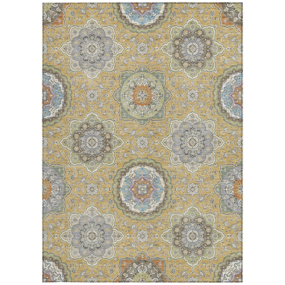 10' X 14' Gold And Ivory Floral Medallion Washable Indoor Outdoor Area Rug HomeRoots