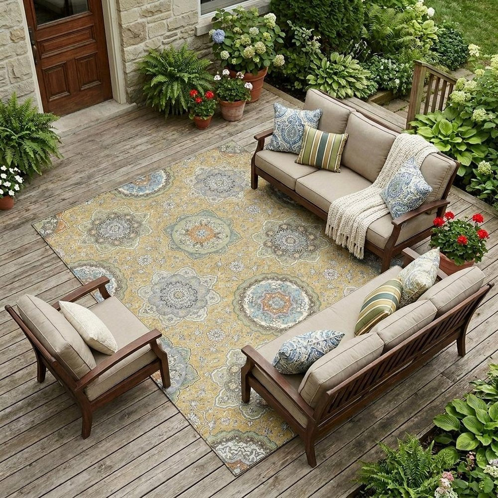 10' X 14' Gold And Ivory Floral Medallion Washable Indoor Outdoor Area Rug HomeRoots
