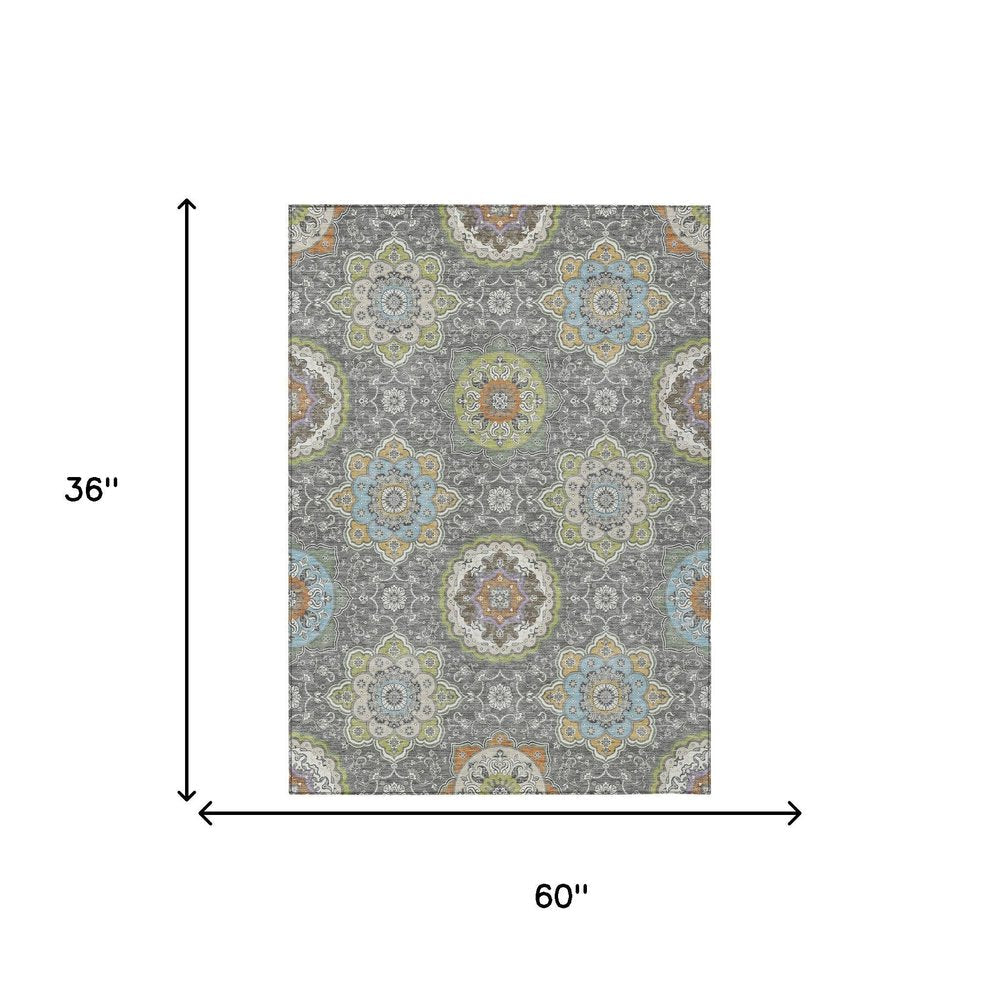 3' X 5' Gray And Brown Floral Medallion Washable Indoor Outdoor Area Rug HomeRoots
