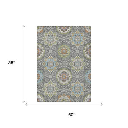 3' X 5' Gray And Brown Floral Medallion Washable Indoor Outdoor Area Rug HomeRoots