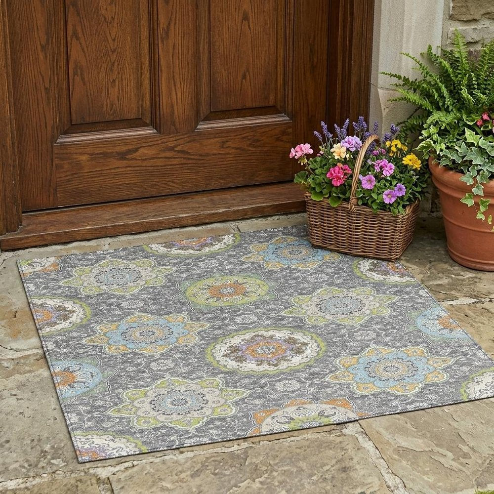 3' X 5' Gray And Brown Floral Medallion Washable Indoor Outdoor Area Rug HomeRoots