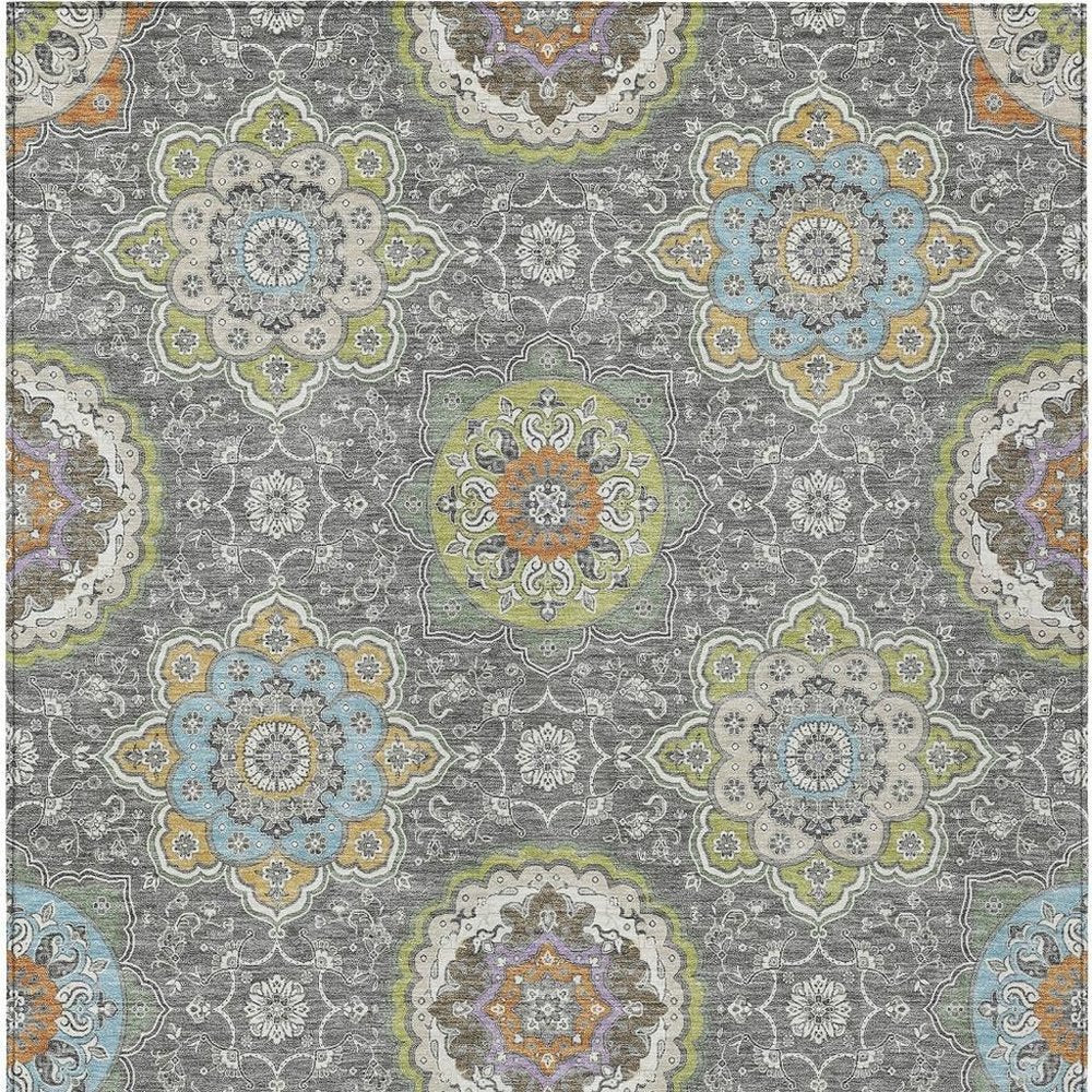 5' X 8' Gray And Brown Floral Medallion Washable Indoor Outdoor Area Rug