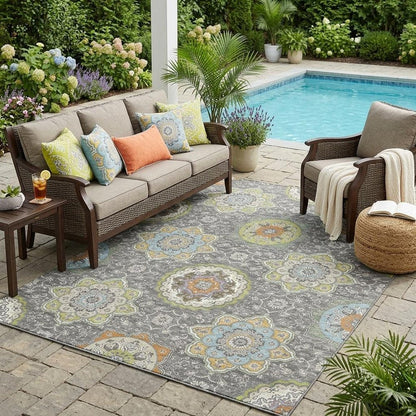 5' X 8' Gray And Brown Floral Medallion Washable Indoor Outdoor Area Rug HomeRoots