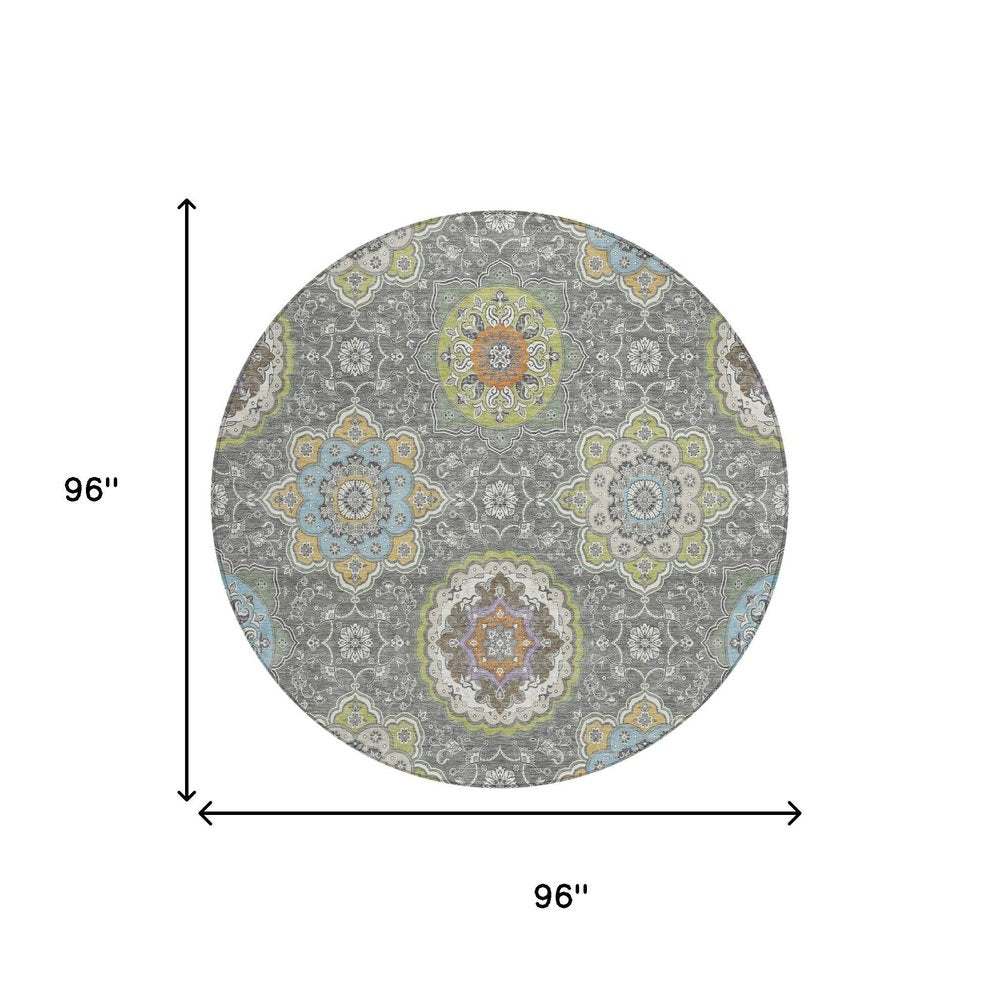 8' Gray And Brown Round Floral Medallion Washable Indoor Outdoor Area Rug HomeRoots