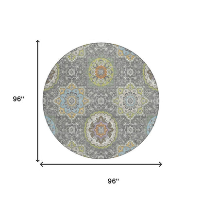 8' Gray And Brown Round Floral Medallion Washable Indoor Outdoor Area Rug HomeRoots