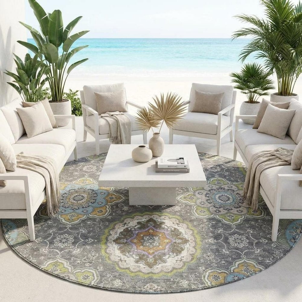 8' Gray And Brown Round Floral Medallion Washable Indoor Outdoor Area Rug HomeRoots