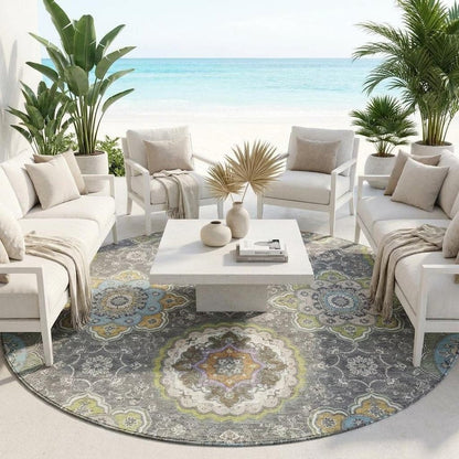 8' Gray And Brown Round Floral Medallion Washable Indoor Outdoor Area Rug HomeRoots