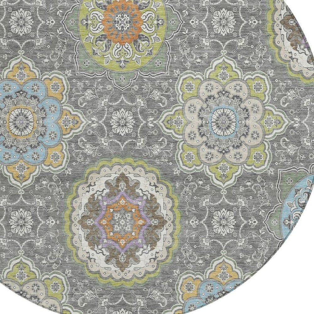 8' Gray And Brown Round Floral Medallion Washable Indoor Outdoor Area Rug HomeRoots