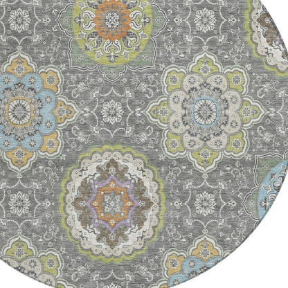 8' Gray And Brown Round Floral Medallion Washable Indoor Outdoor Area Rug HomeRoots