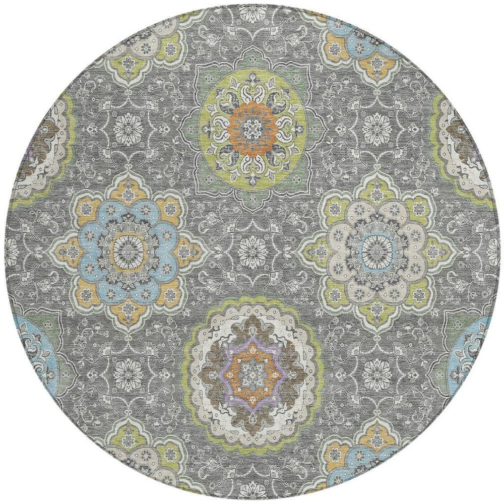 8' Gray And Brown Round Floral Medallion Washable Indoor Outdoor Area Rug HomeRoots