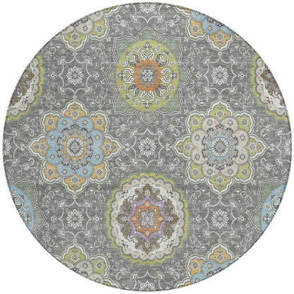 8' Gray And Brown Round Floral Medallion Washable Indoor Outdoor Area Rug HomeRoots