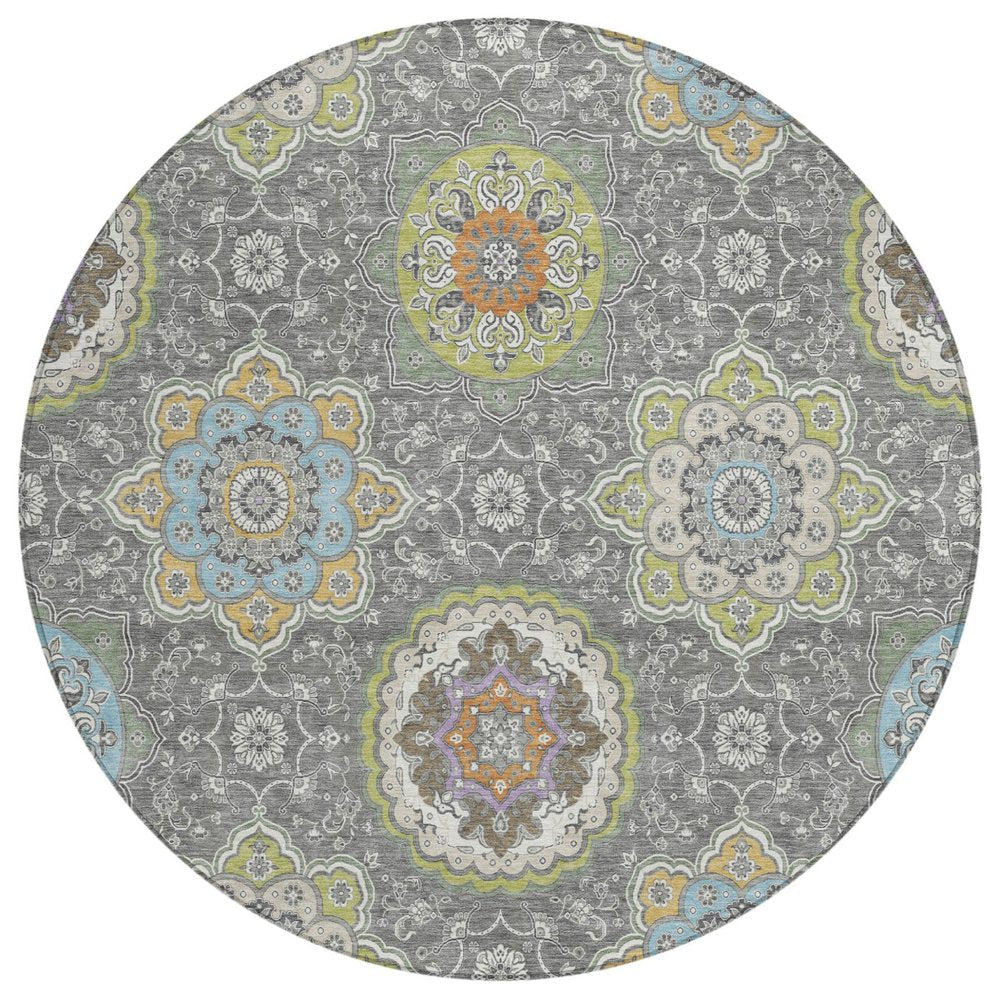 8' Gray And Brown Round Floral Medallion Washable Indoor Outdoor Area Rug HomeRoots