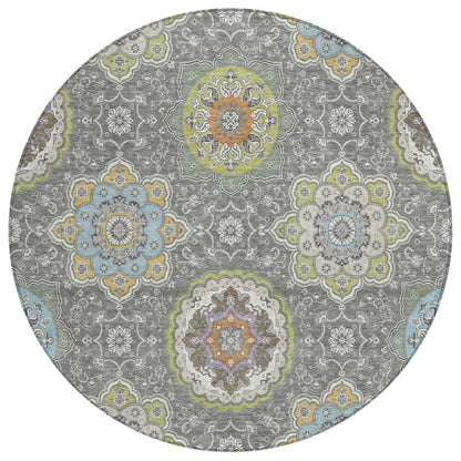 8' Gray And Brown Round Floral Medallion Washable Indoor Outdoor Area Rug HomeRoots