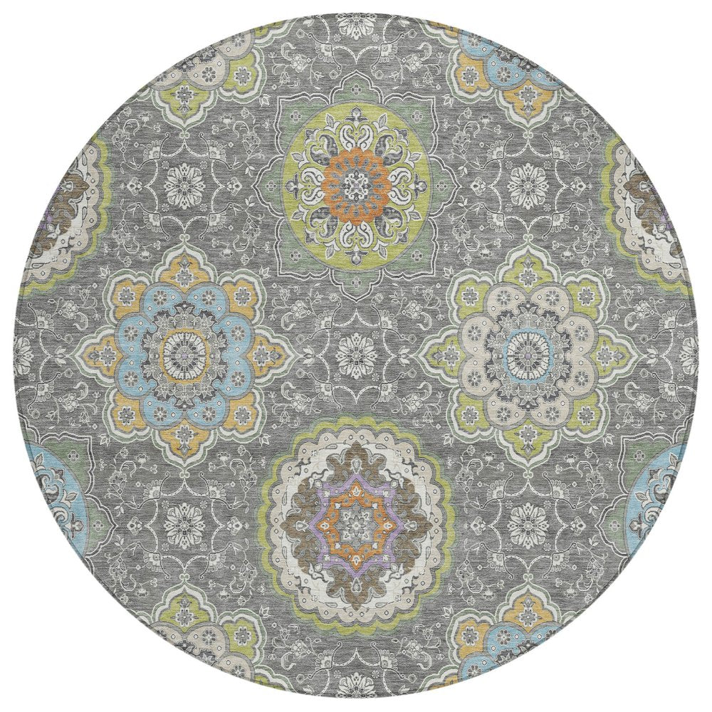 8' Gray And Brown Round Floral Medallion Washable Indoor Outdoor Area Rug HomeRoots