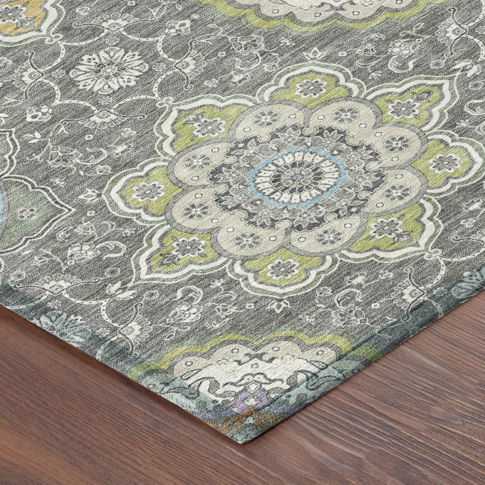 8' Gray And Brown Round Floral Medallion Washable Indoor Outdoor Area Rug HomeRoots