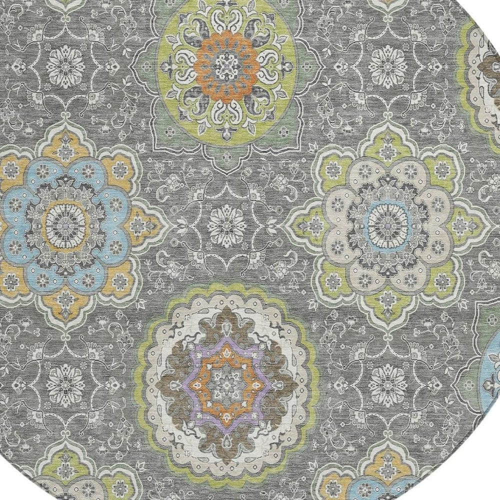8' Gray And Brown Round Floral Medallion Washable Indoor Outdoor Area Rug HomeRoots