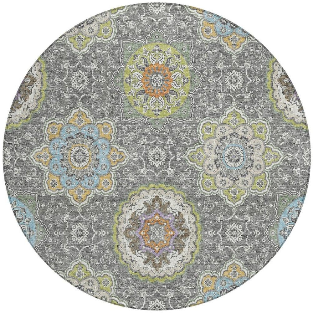 8' Gray And Brown Round Floral Medallion Washable Indoor Outdoor Area Rug HomeRoots