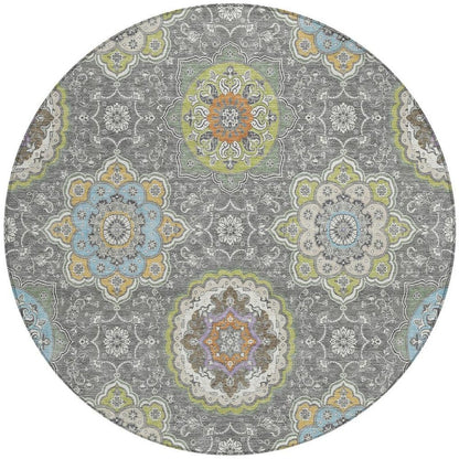 8' Gray And Brown Round Floral Medallion Washable Indoor Outdoor Area Rug HomeRoots