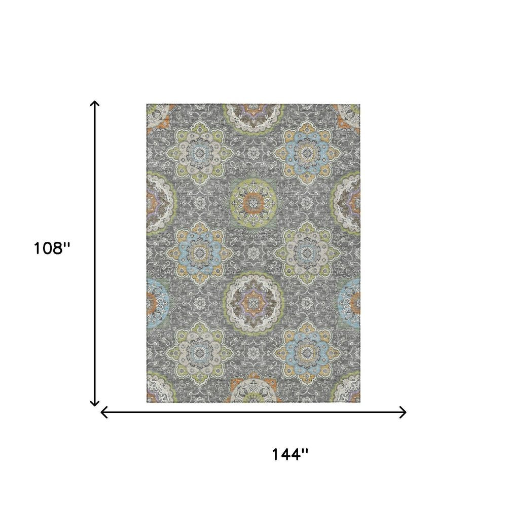 9' X 12' Gray And Brown Floral Medallion Washable Indoor Outdoor Area Rug HomeRoots