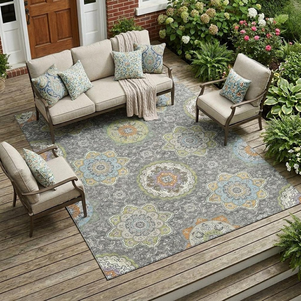 9' X 12' Gray And Brown Floral Medallion Washable Indoor Outdoor Area Rug HomeRoots
