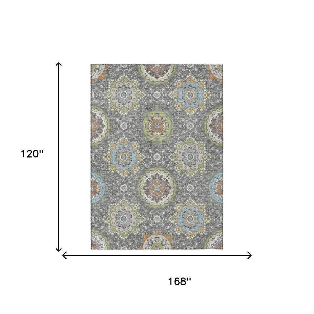 10' X 14' Gray And Brown Floral Medallion Washable Indoor Outdoor Area Rug HomeRoots