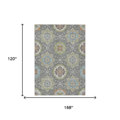 10' X 14' Gray And Brown Floral Medallion Washable Indoor Outdoor Area Rug HomeRoots