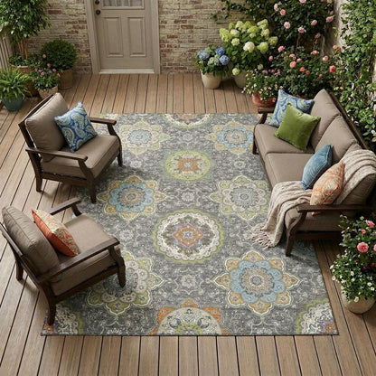 10' X 14' Gray And Brown Floral Medallion Washable Indoor Outdoor Area Rug HomeRoots