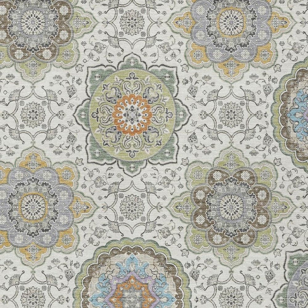 3' X 5' Ivory And Khaki Floral Medallion Washable Indoor Outdoor Area Rug HomeRoots
